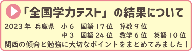 「全国学力テスト」の結果について
2023年  兵庫県　小6　国語17位　算数9位
中3　国語24位　数学6位　英語10位
関西の傾向と勉強に大切なポイントをまとめてみました！