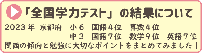 「全国学力テスト」の結果について
2023年  京都府　小6　国語４位　算数４位   中3　国語７位　数学９位　英語７位
関西の傾向と勉強に大切なポイントをまとめてみました！