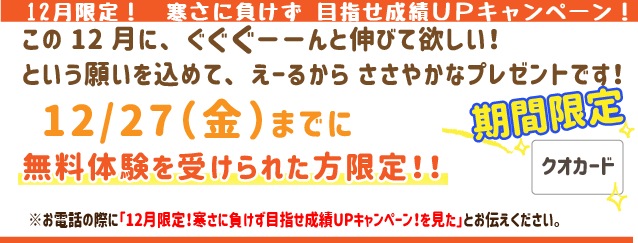 12月限定！寒さに負けず目指せ成績UPキャンペーン！！
この12月にぐぐぐーんと伸びてほしい！
という願いを込めて、えーるからささやかなプレゼントです！
12月27日(金)までに無料体験を受けられた方限定！
※お電話の際に「12月限定！寒さに負けず目指せ成績UPキャンペーン！を見た」とお伝えください。